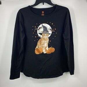 Halloween Orange Cat Witch Hat Pumpkins Bats Stars Shirt Size Large 12 14